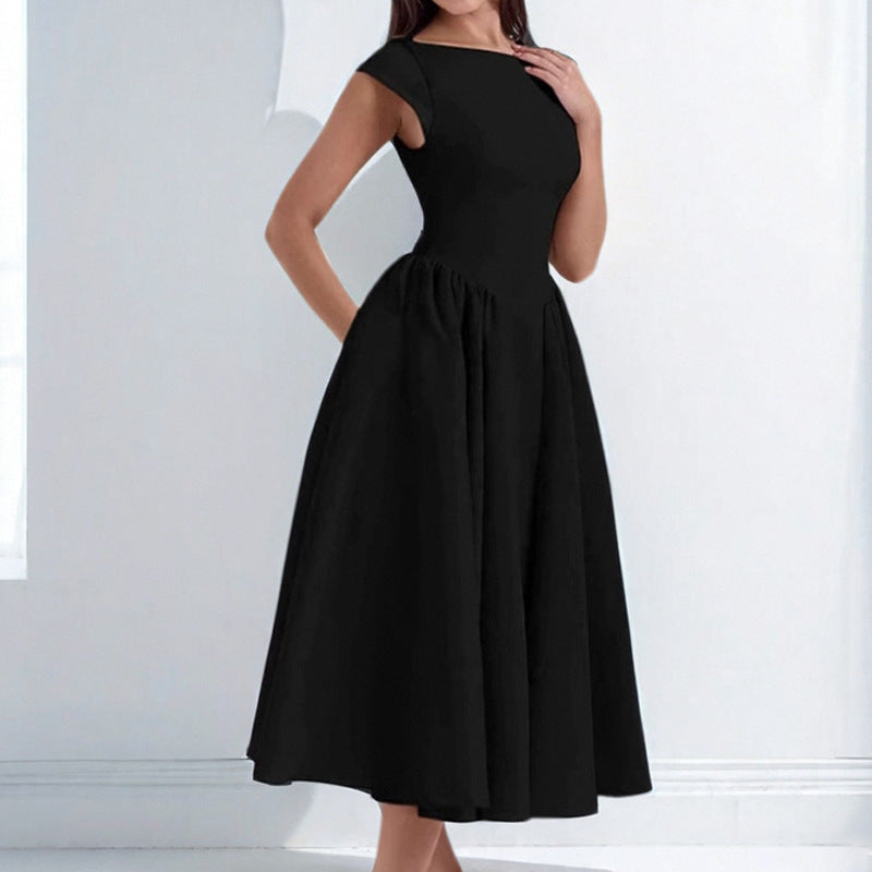 Boat Neck Cap Sleeve Drop Waist Pleated Fit and Flare Midi Dress 4