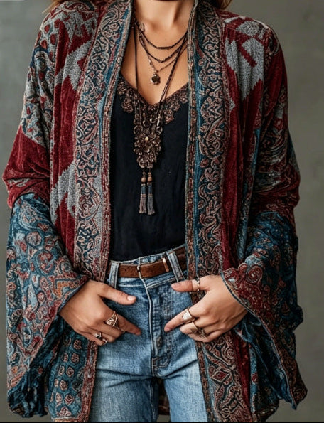 Paisley Velvet Boho Open Front Kimono Cardigan