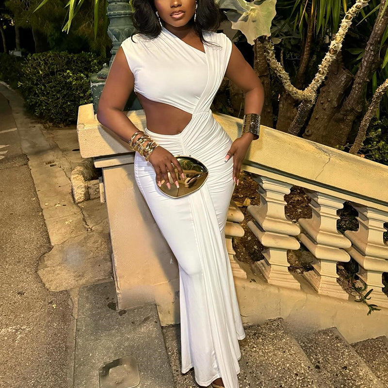 Asymmetric Neck Sleeveless Cut Out Waist Draped Mermaid Maxi Dress