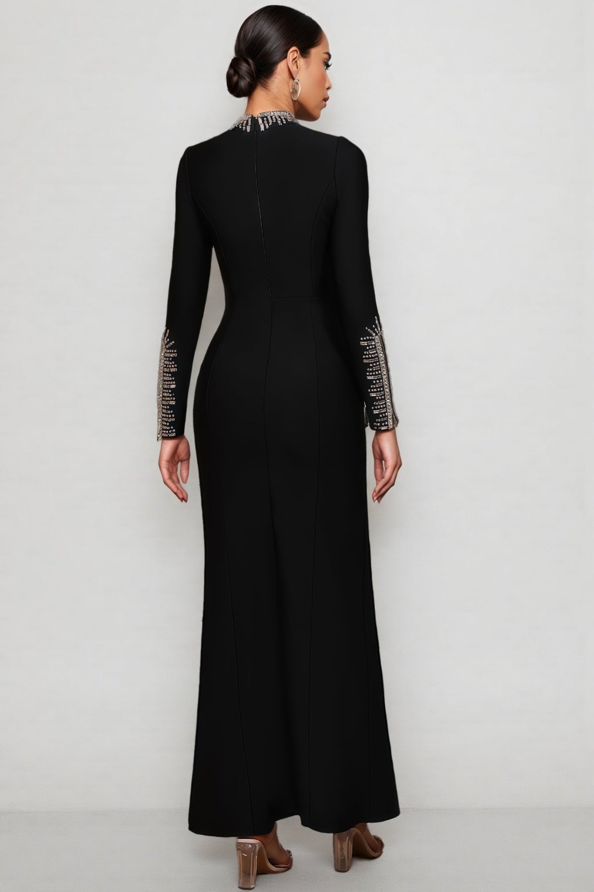 Rhinestone Embellished Keyhole Mock Neck Long Sleeve High Split Maxi Dress 8