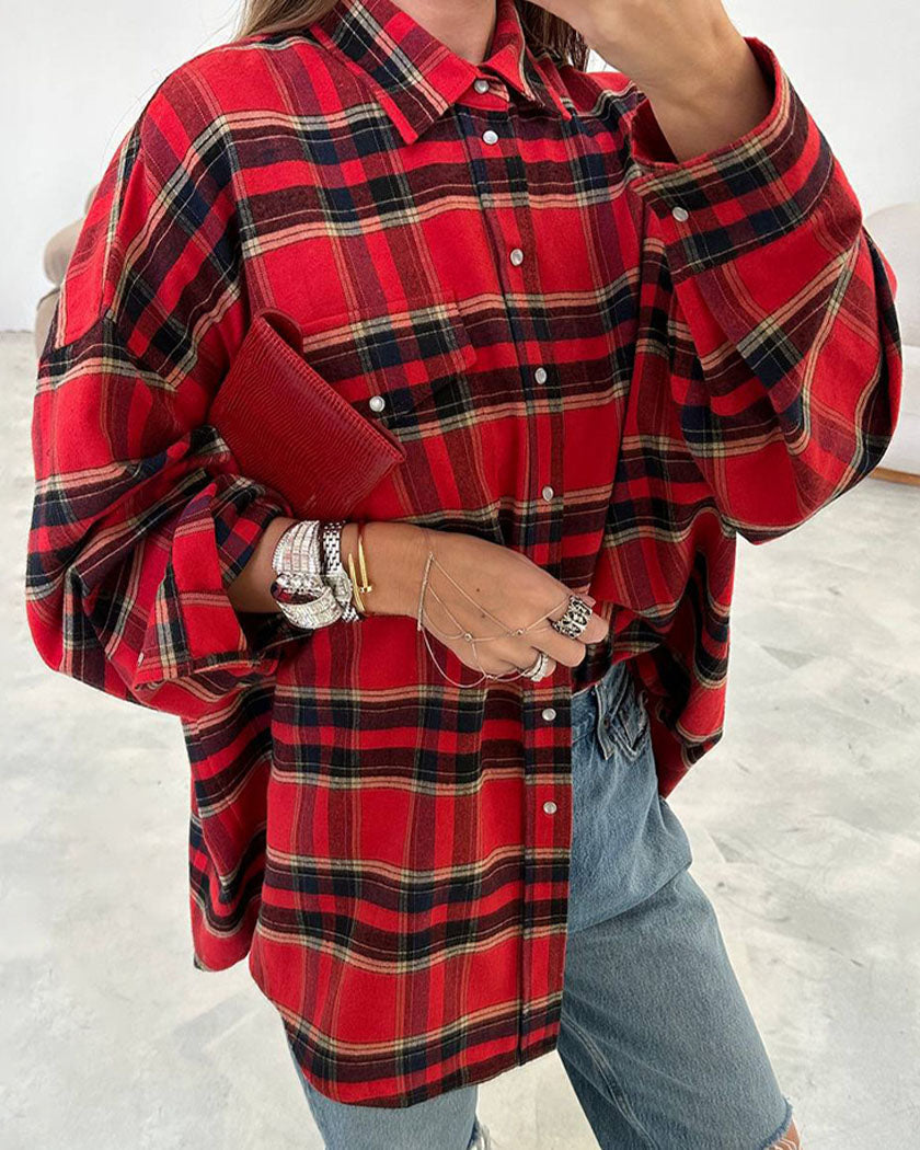 Notched Lapel Loose-Fit Plaid Long Sleeve Pocket Shirt
