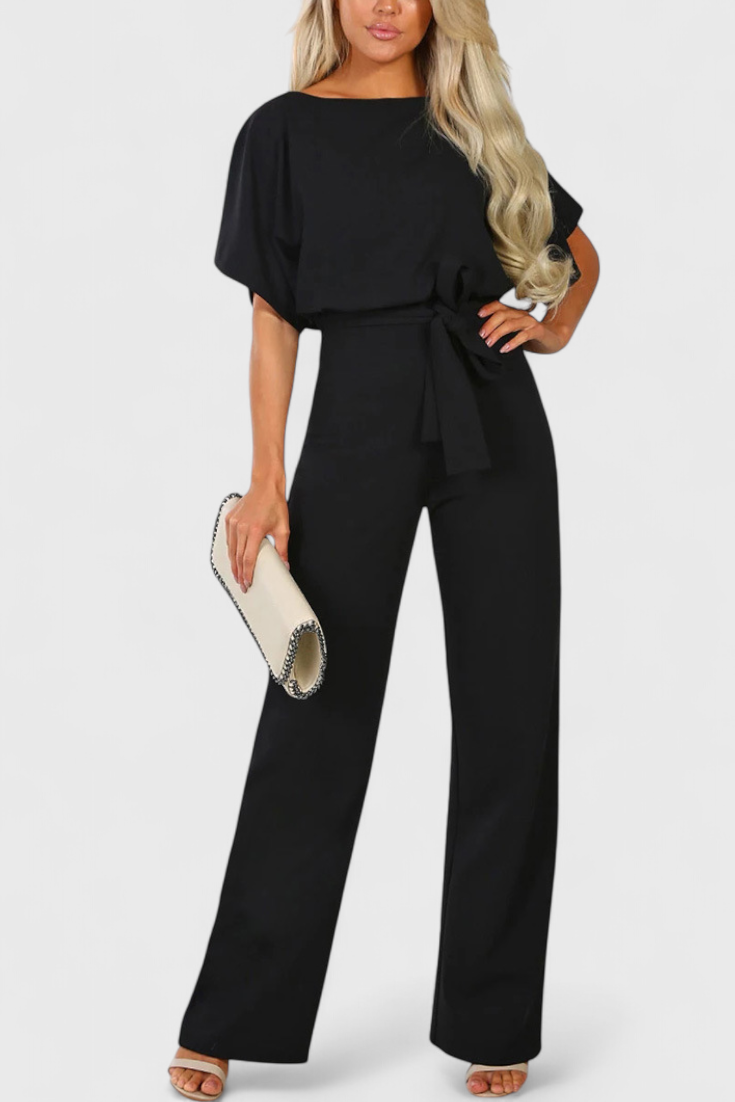 Boat Neck Batwing Sleeve Belted Wide Leg Jumpsuit