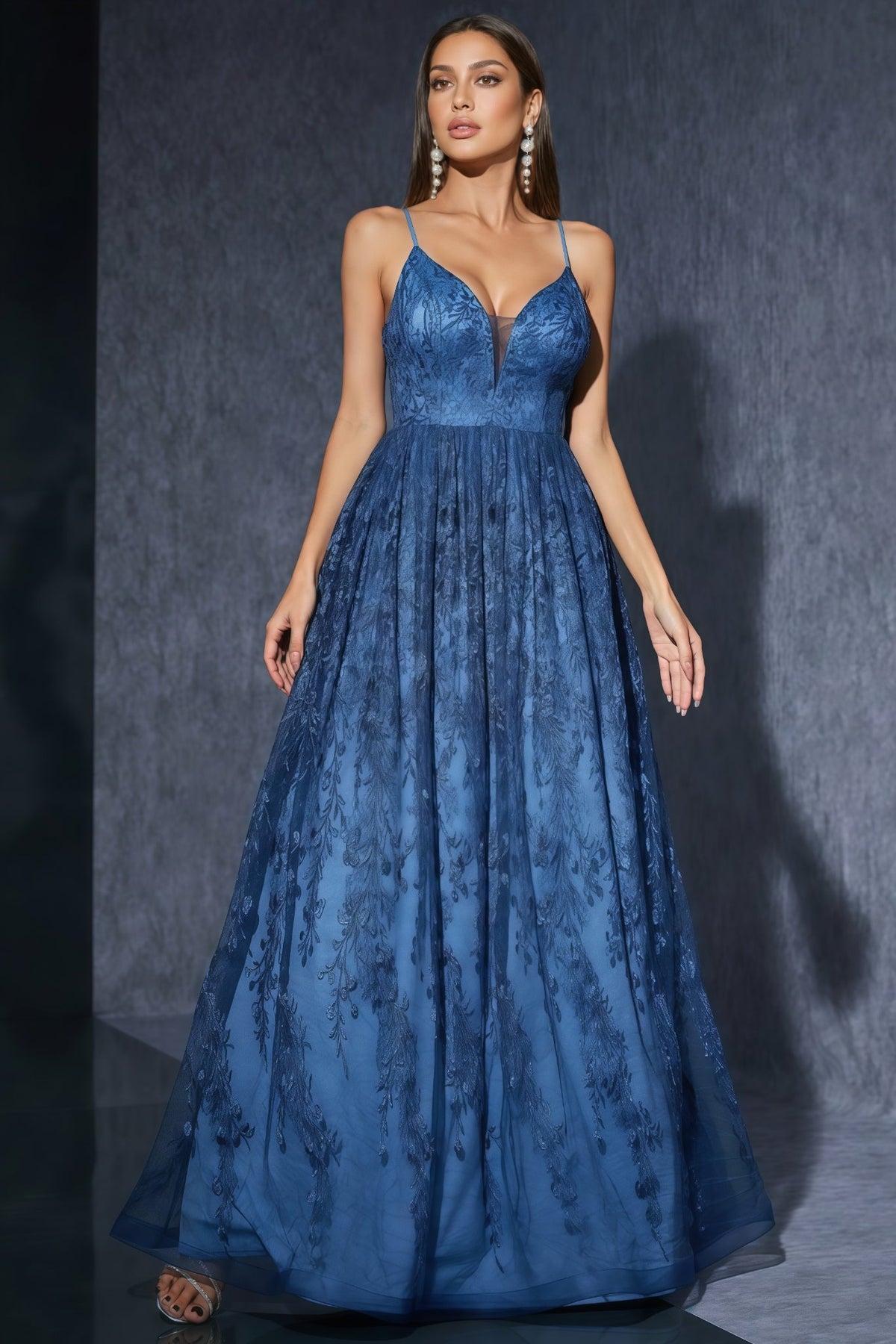 Embroidered Mesh Spaghetti Strap Deep V-Neck A-Line Maxi Gown