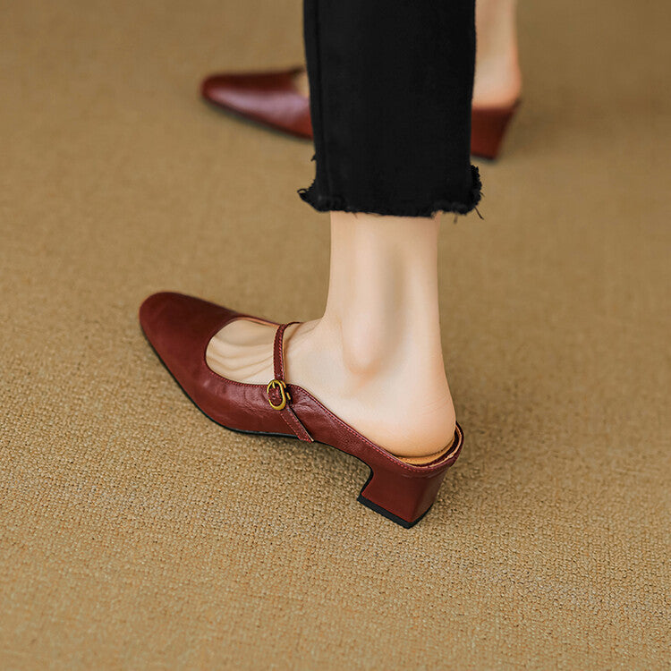 Square Toe Buckle Block Heel Mary Jane Mules