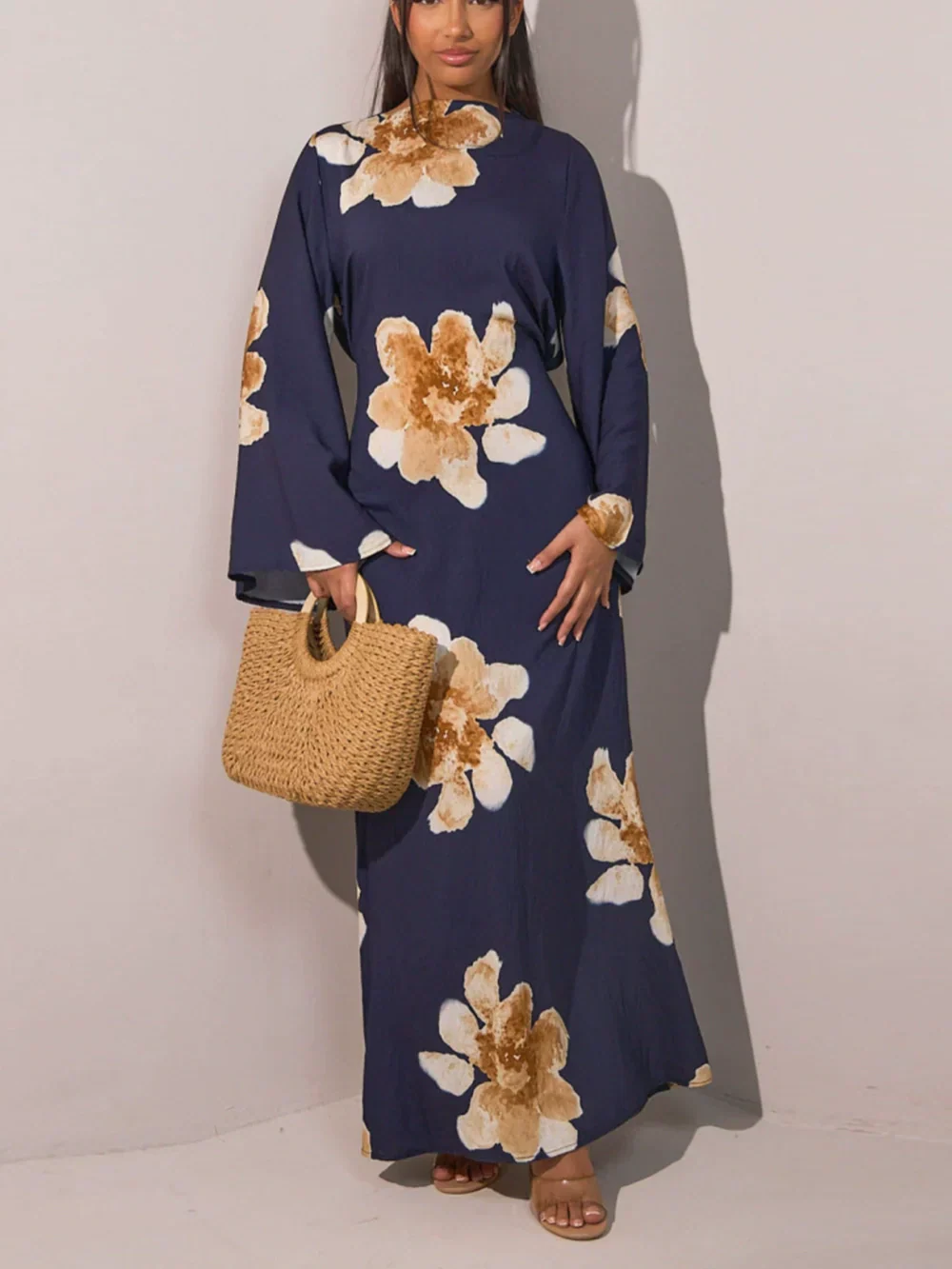 Printed dress with a tight waist maxi dress Navy
