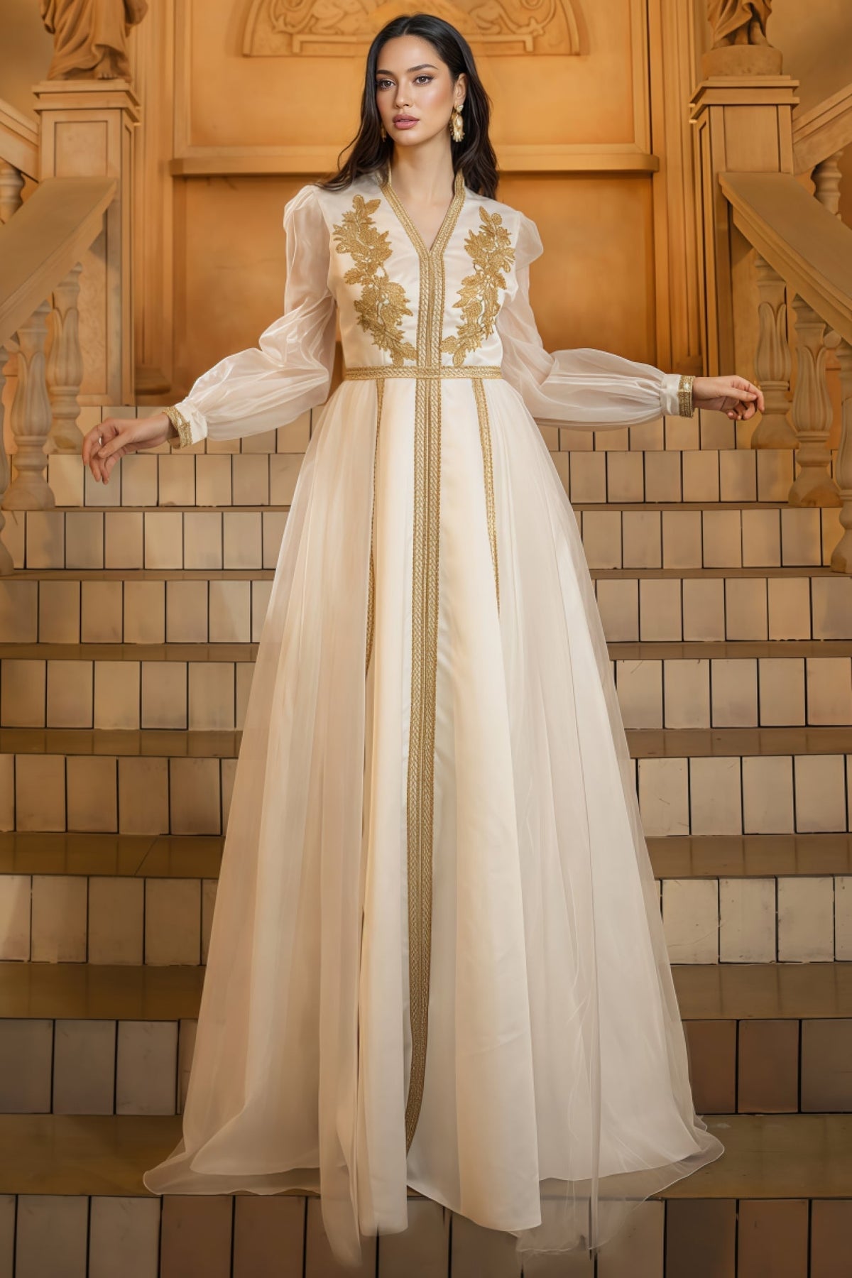 V-Neck Embroidered Applique Sheer Puff Sleeve Mesh Kaftan Maxi Dress