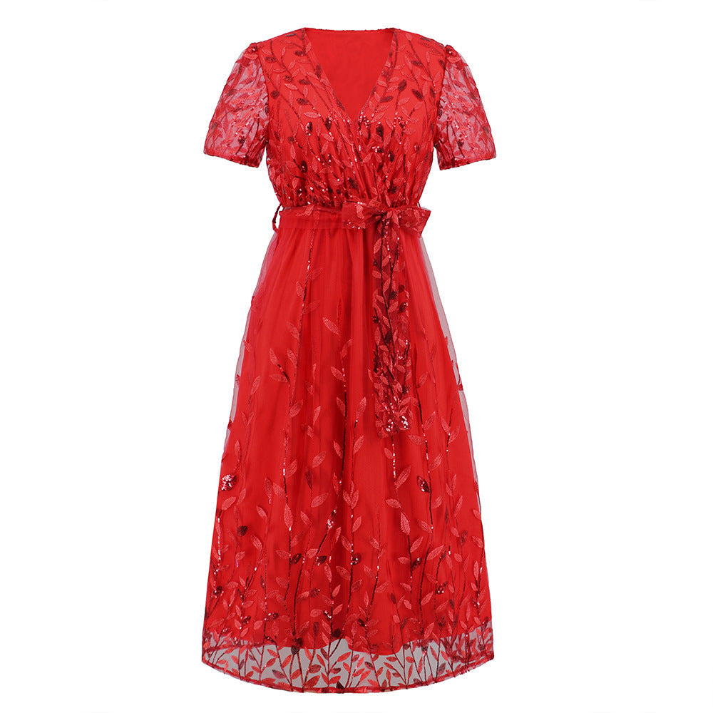 Embroidered Bright Yarn Mesh DressSlim Fit V neck Mid Length Dress