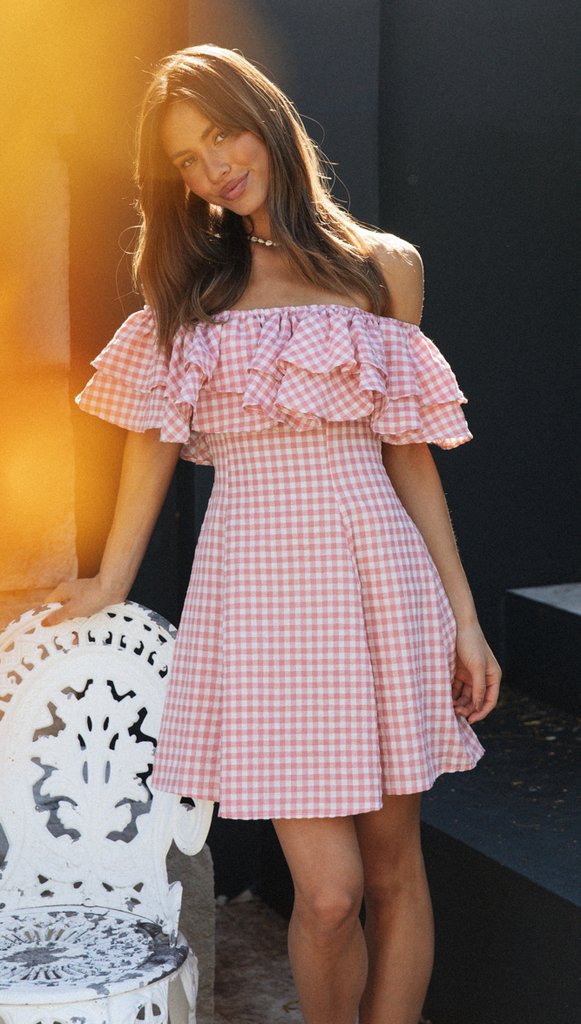 Gingham Off Shoulder Tiered Ruffle Fit and Flare Mini Dress 6