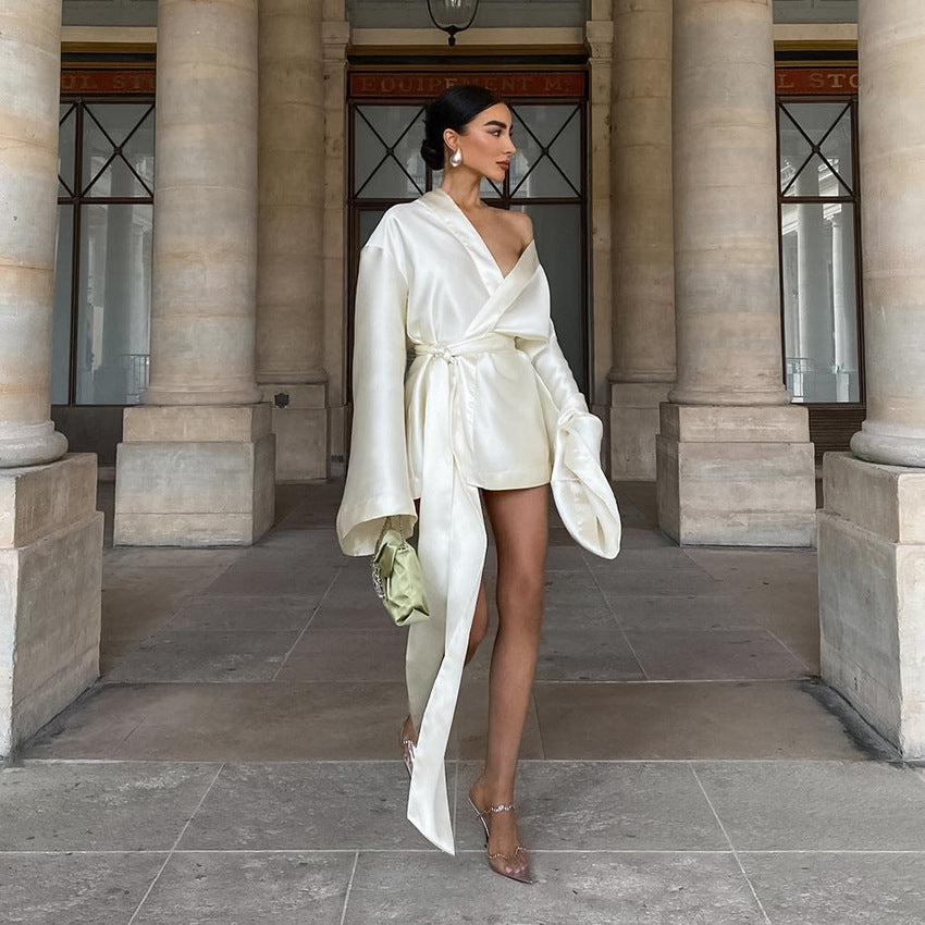 Satin Deep V-Neck Long Sleeve Belted Wrap Mini Dress 5