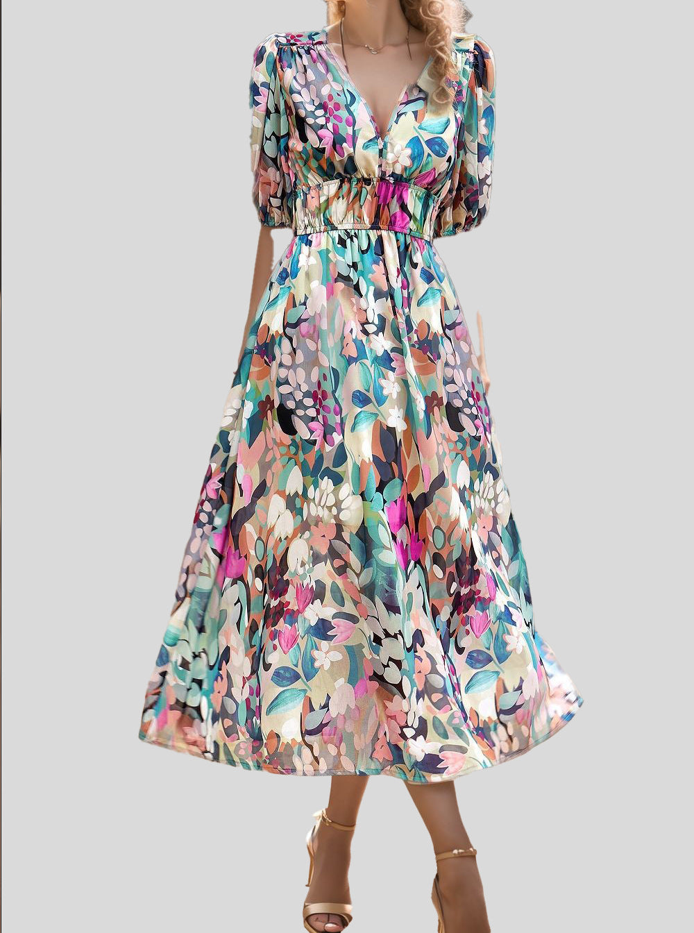 Abstract Print V-Neck Puff Sleeve Smocked Waist Midi Dress 11