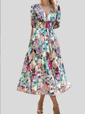 Abstract Print V-Neck Puff Sleeve Smocked Waist Midi Dress 11