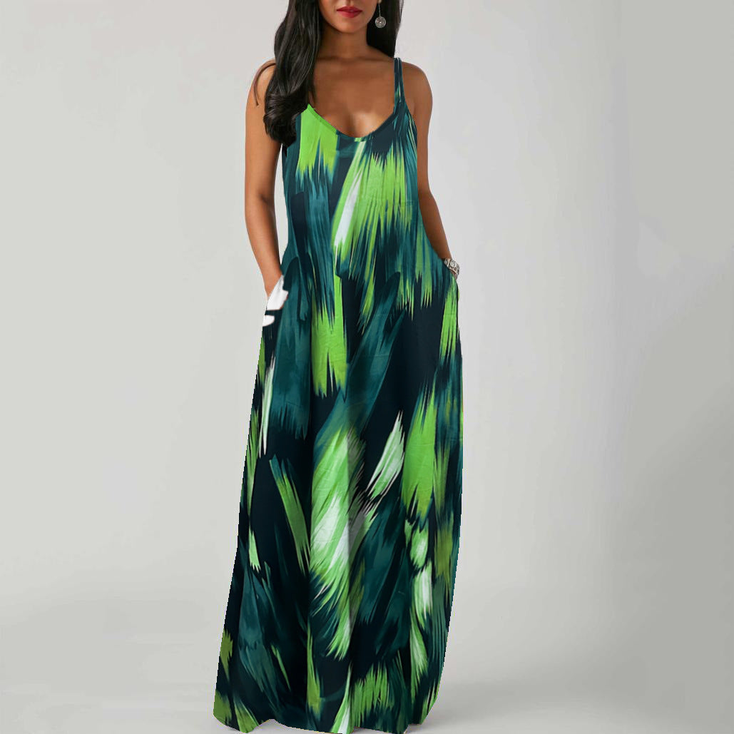 V-Neck Spaghetti Strap Ombre Pocket Loose Maxi Dress 15
