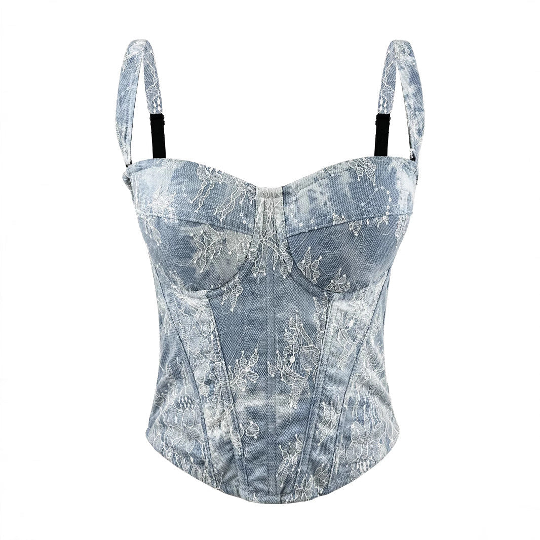 Retro Denim Strap Tube Top Sexy Bodybuilding Slimming Embroidered Lace Court Boning Corset Chest
