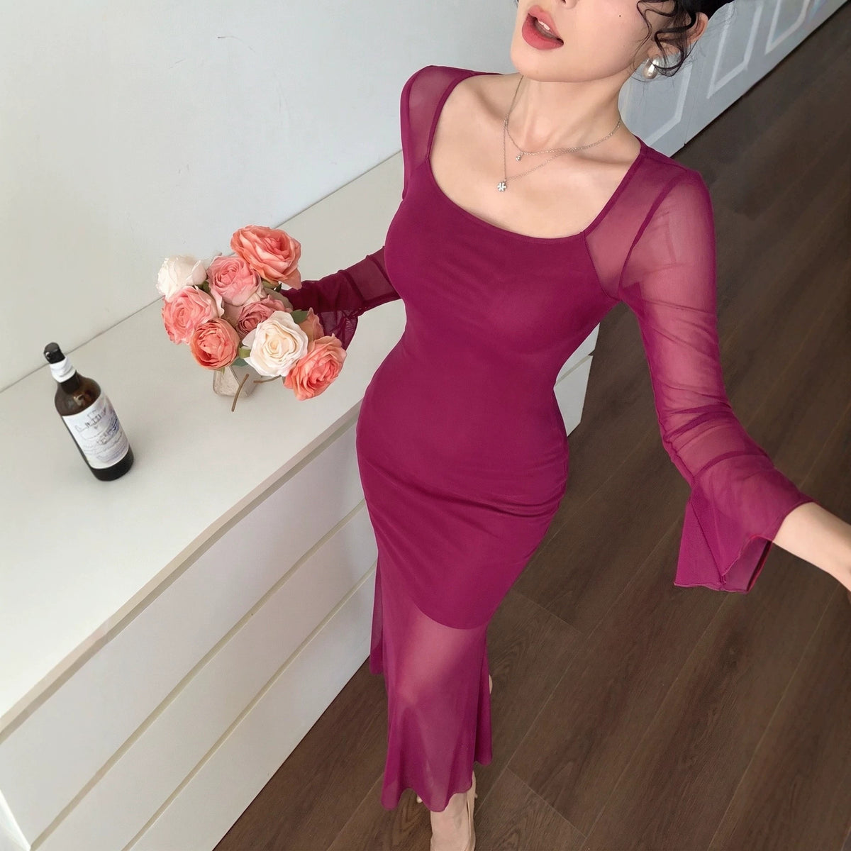 Fall Women Clothing Sexy Slim Mesh Stitching Fishtail Flare Sleeve Maxi Dress