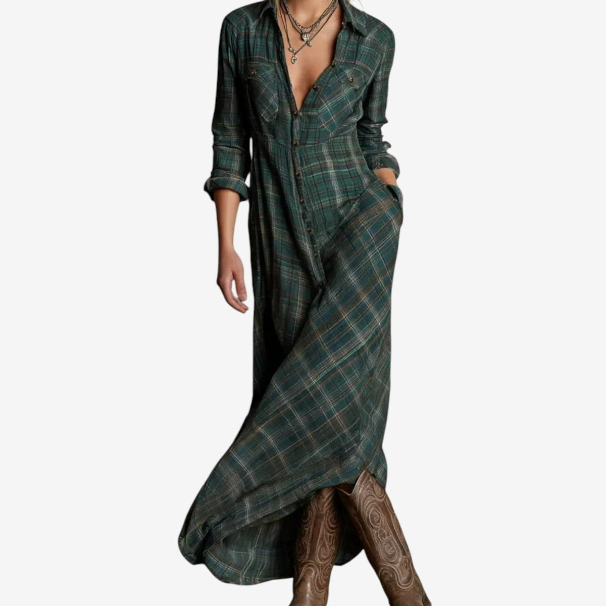 Plaid Collared Button Front Long Sleeve Maxi Shirt Dress