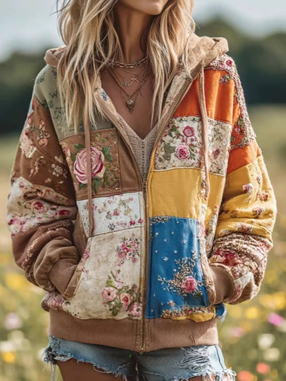 Floral Patchwork Hooded Zip Front Jacket