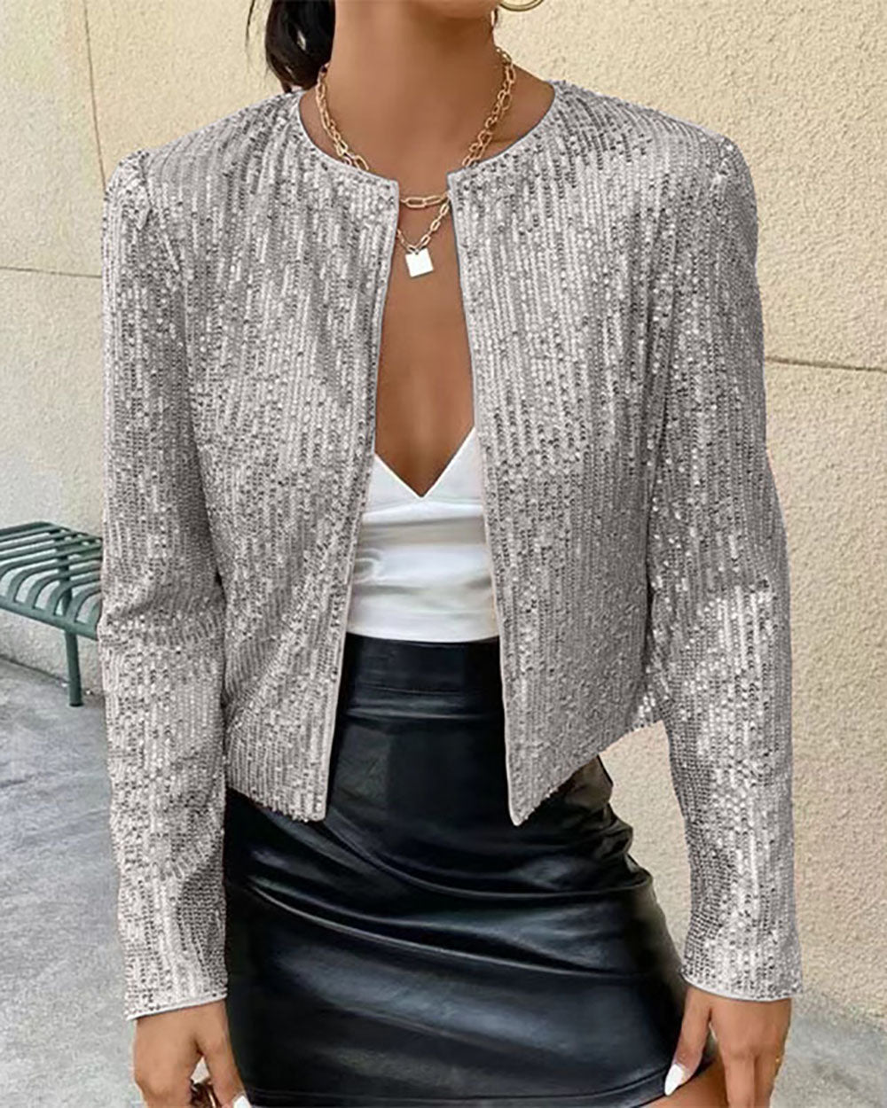 Smart sequined stand-up collar short coat