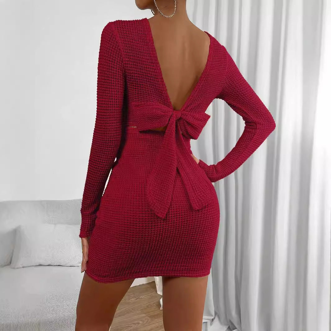 Waffle Knit Long Sleeve Open Back Bow Tie Bodycon Mini Dress