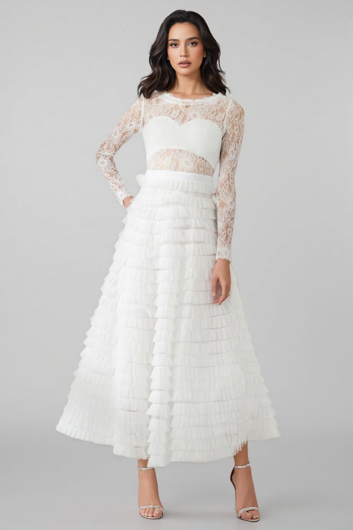 Sheer Lace Long Sleeve Tiered Ruffle Tulle A-Line Midi Dress