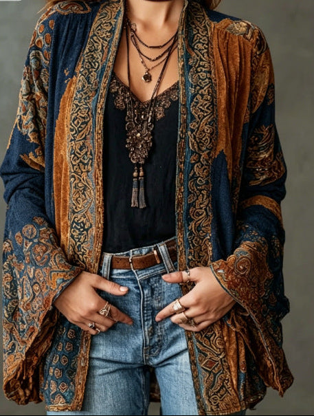 Paisley Velvet Boho Open Front Kimono Cardigan