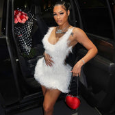 Faux Feather V-Neck Sleeveless Bodycon Mini Dress