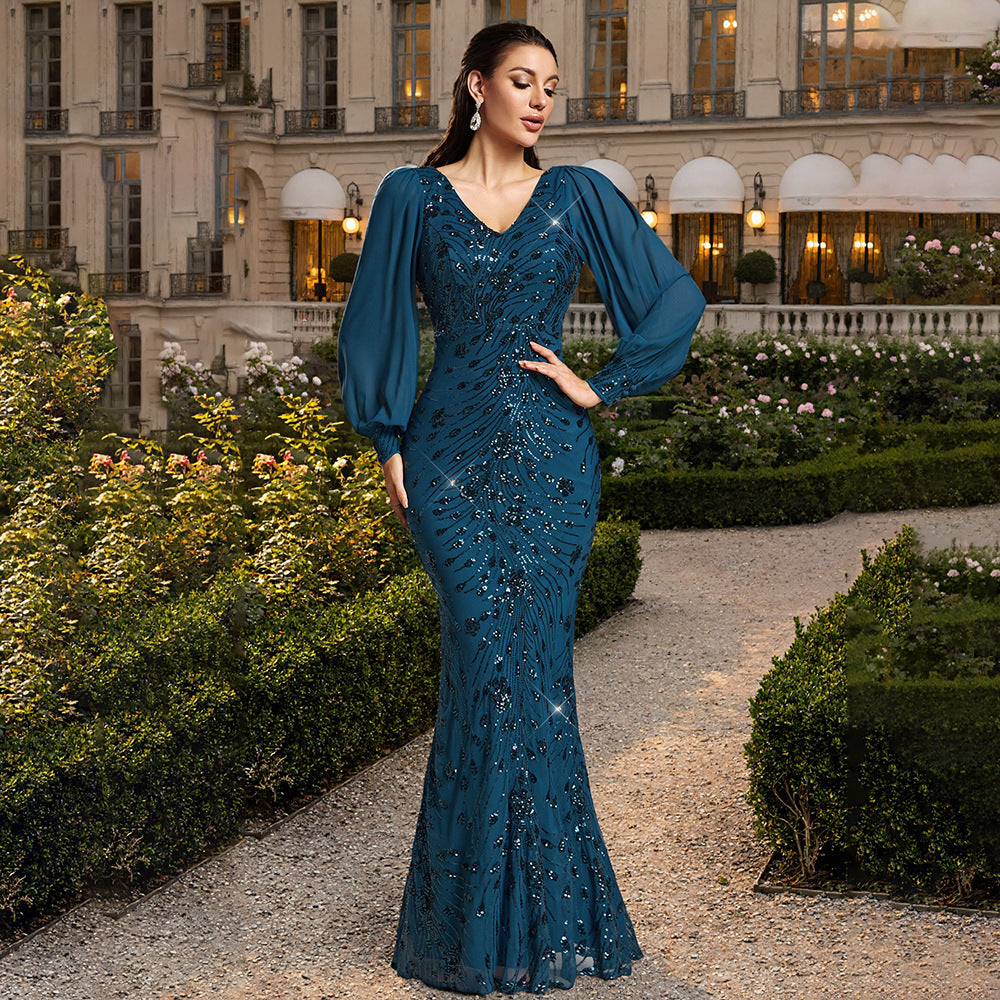 Spring Autumn Double V neck Long Sleeve Mesh Sequined Full Lining Fishtail Evening Party Dress