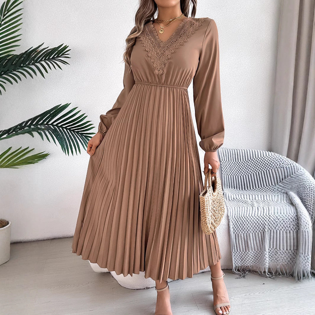 Spring Summer Refined V neck Lace Cinched Pleated Maxi Dress Women Clothing