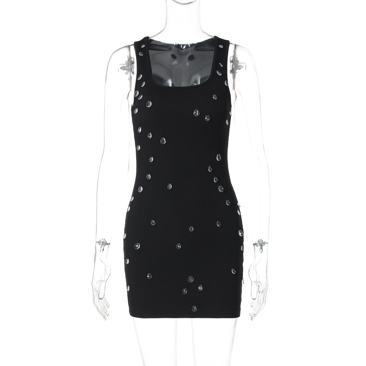 Square Neck Sleeveless Rhinestone Embellished Ribbed Knit Bodycon Mini Dress 2