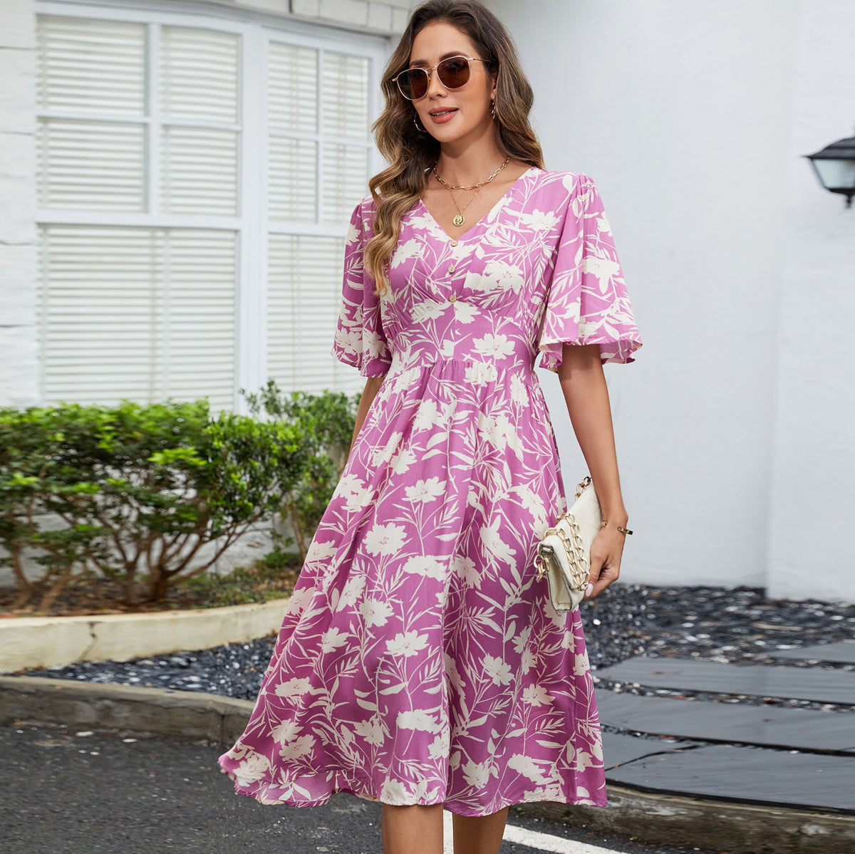 Floral Print V-Neck Button Front Flutter Sleeve A-Line Midi Dress 2