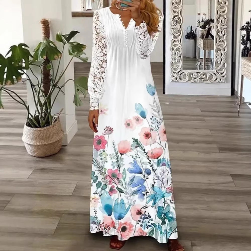 Lace Sleeve V-Neck Long Sleeve Pleated Maxi Dress 2