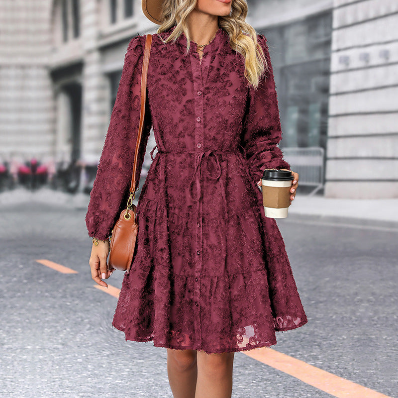 Textured Long Sleeve Button Front Tiered Mini Dress 7