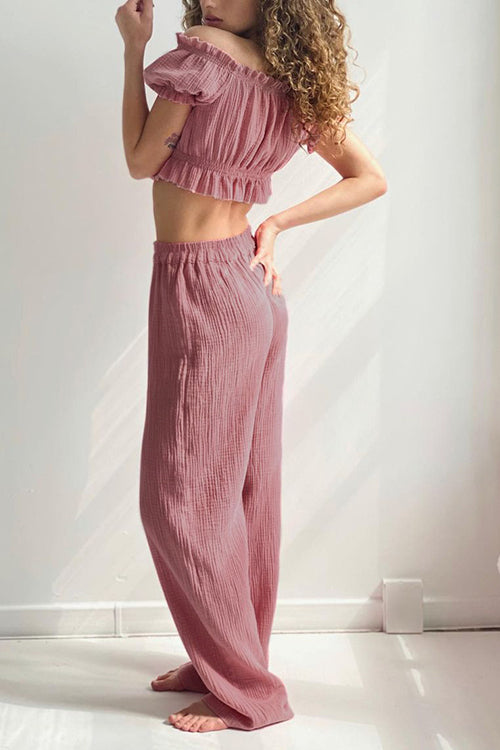 Off Shoulder Ruched Crop Top Pants Sets