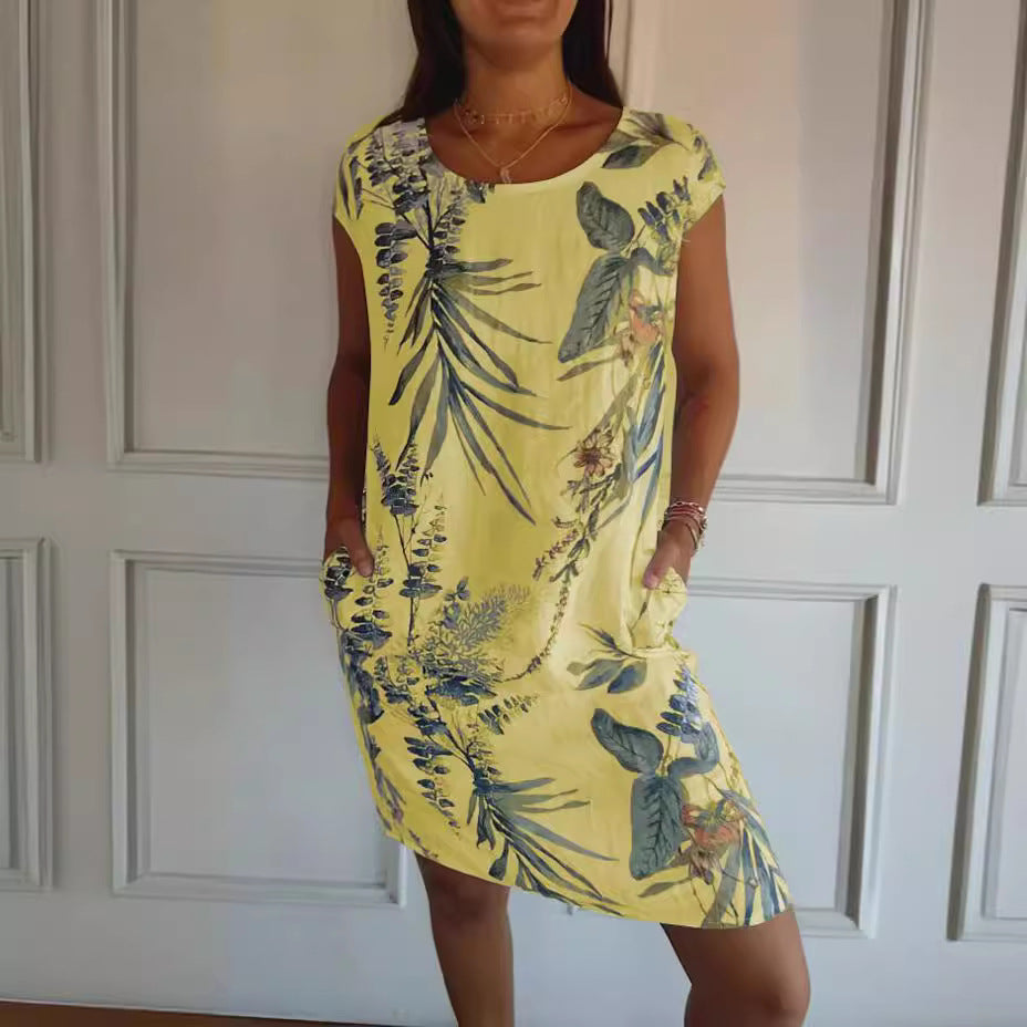 Botanical Leaf Print Round Neck Cap Sleeve Shift Dress with Pockets
