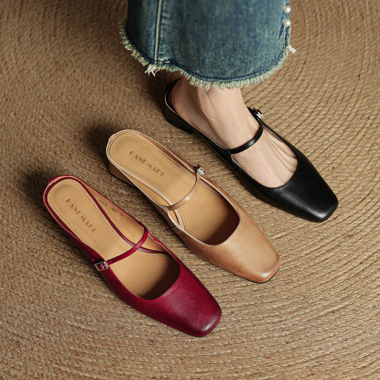 Square Toe Buckle Strap Block Heel Mary Jane Mules