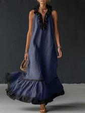 Sleeveless Ruffle Trim Tiered Linen Maxi Dress 12