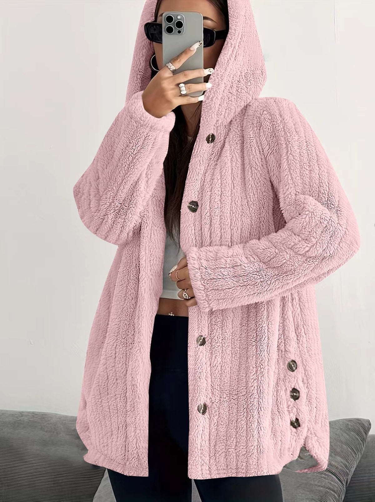 Hooded Button Front Fleece Cardigan Coat
