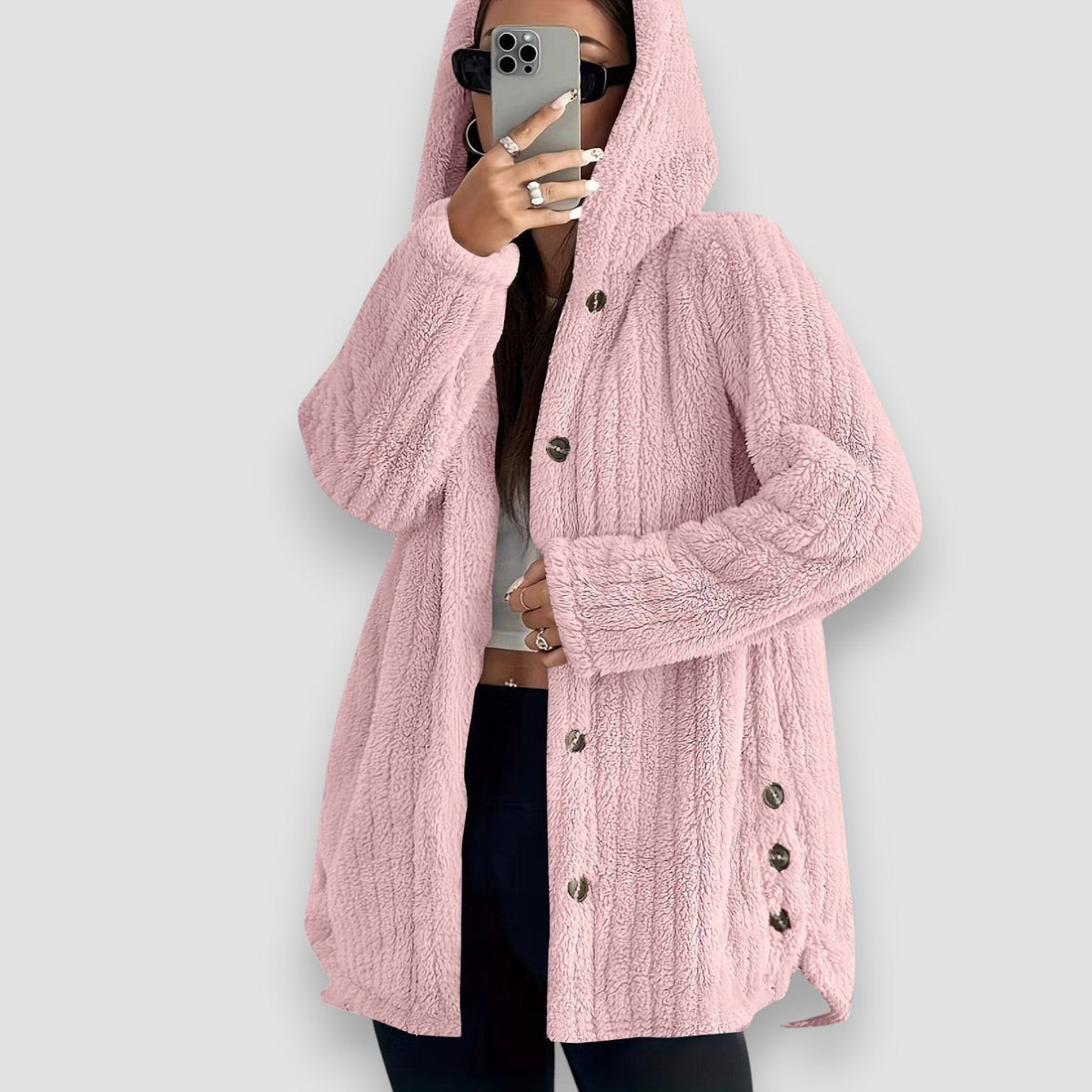 Hooded Button Front Fleece Cardigan Coat