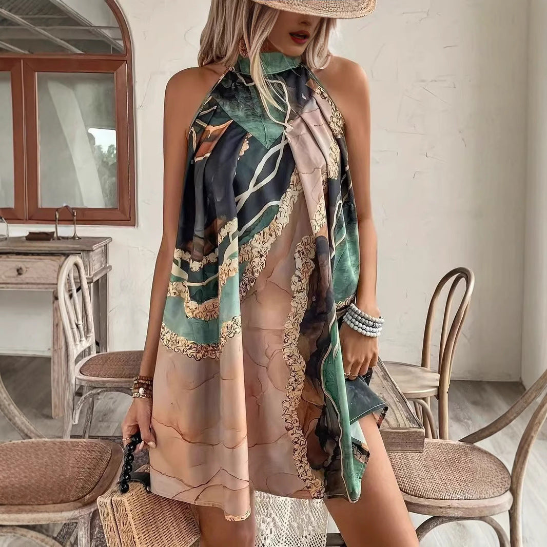 Abstract Print Satin Halter Neck Sleeveless Swing Mini Dress 2