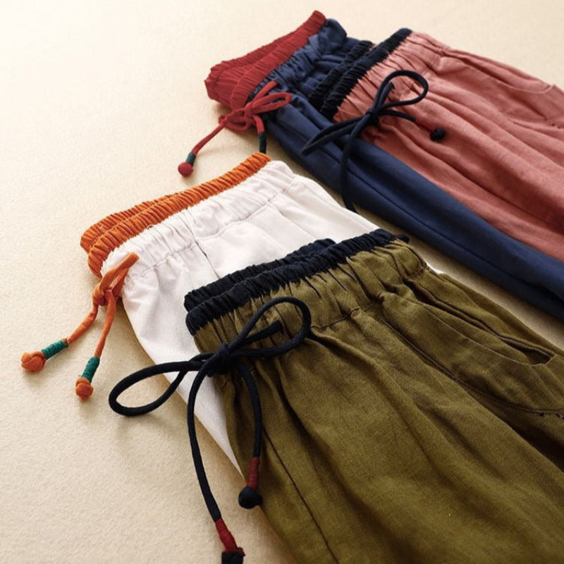 Drawstring High Waist Tapered Linen Look Pants