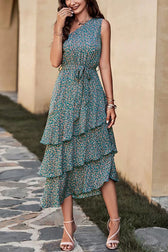Green One Shoulder Ruffle Trim Dress With Print S / Blue One Shoulder Print Maxi Dress