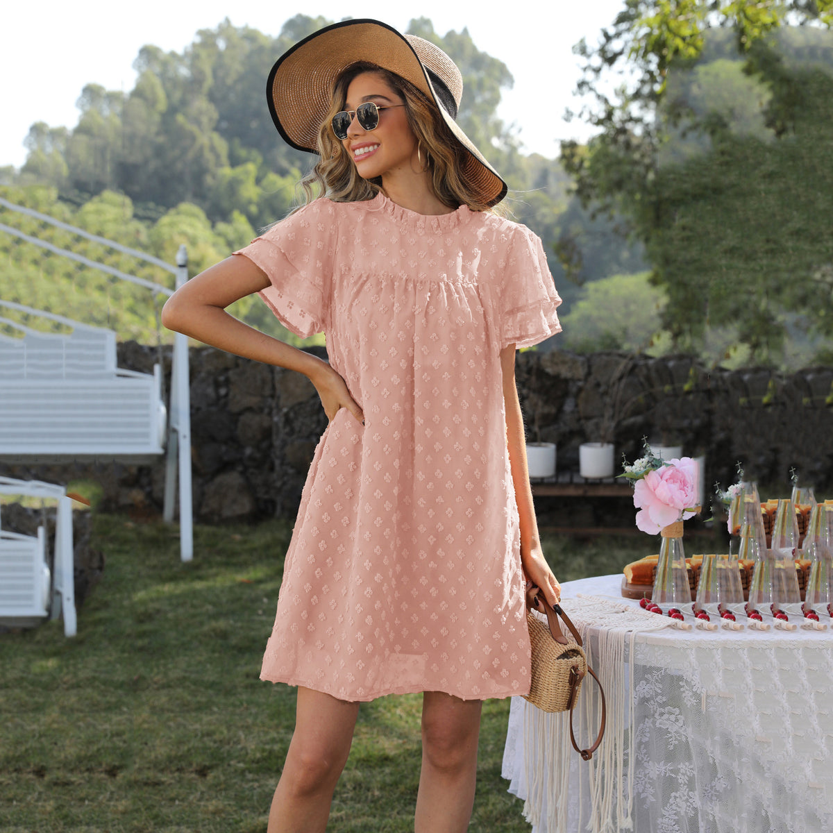 Swiss Dot Ruffle Neck Layered Flutter Sleeve Shift Mini Dress