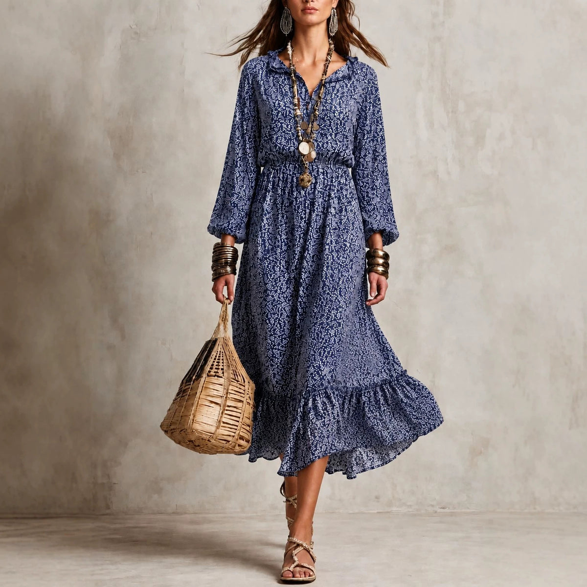 Autumn Women Clothing Long Sleeve V neck Floral Long Sleeve Dress