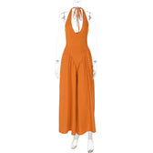Halter Deep V-Neck Backless Satin Midi Dress 16