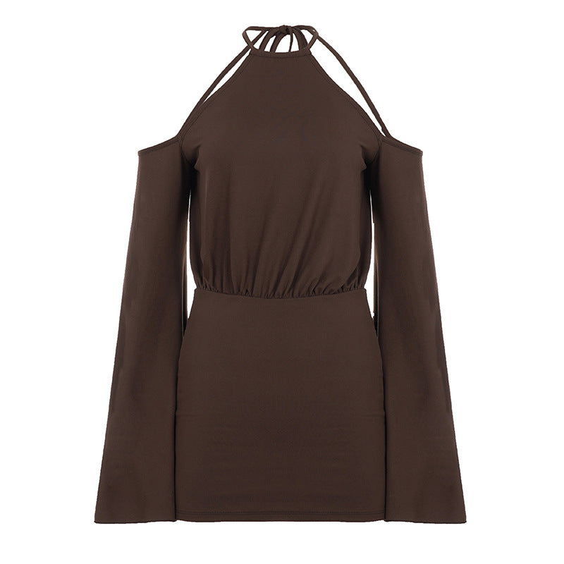 Cold Shoulder Halter Neck Bell Sleeve Blouson Bodycon Mini Dress 2