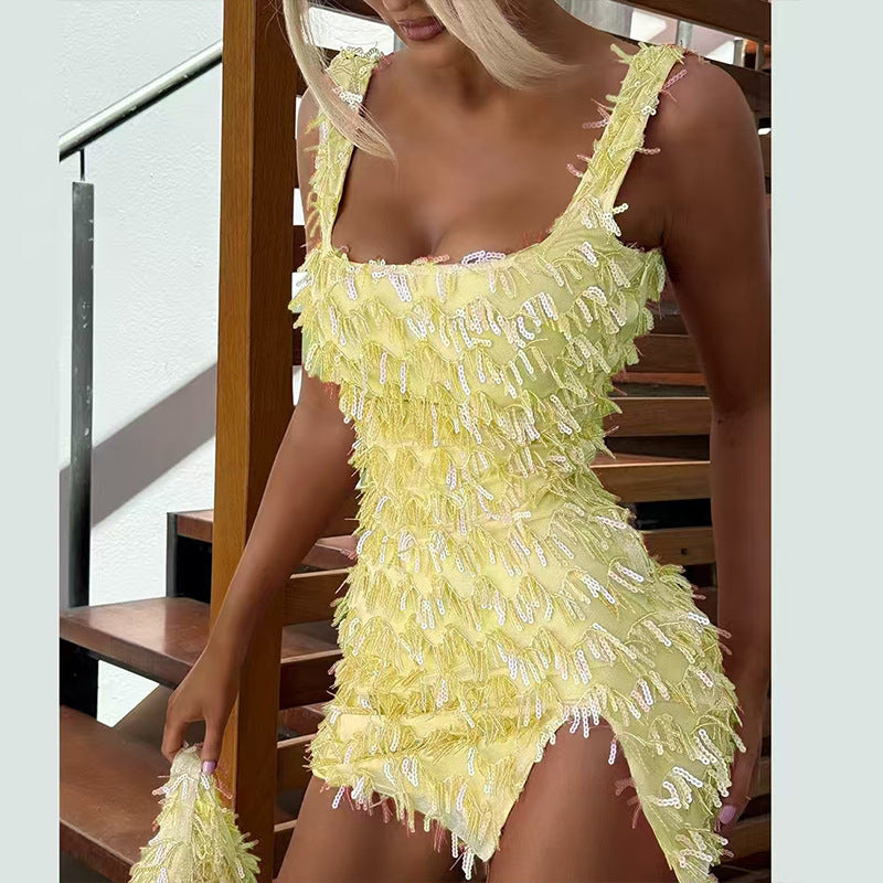 Sequin Fringe Square Neck High Split Bodycon Mini Dress 2