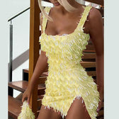 Sequin Fringe Square Neck High Split Bodycon Mini Dress 2
