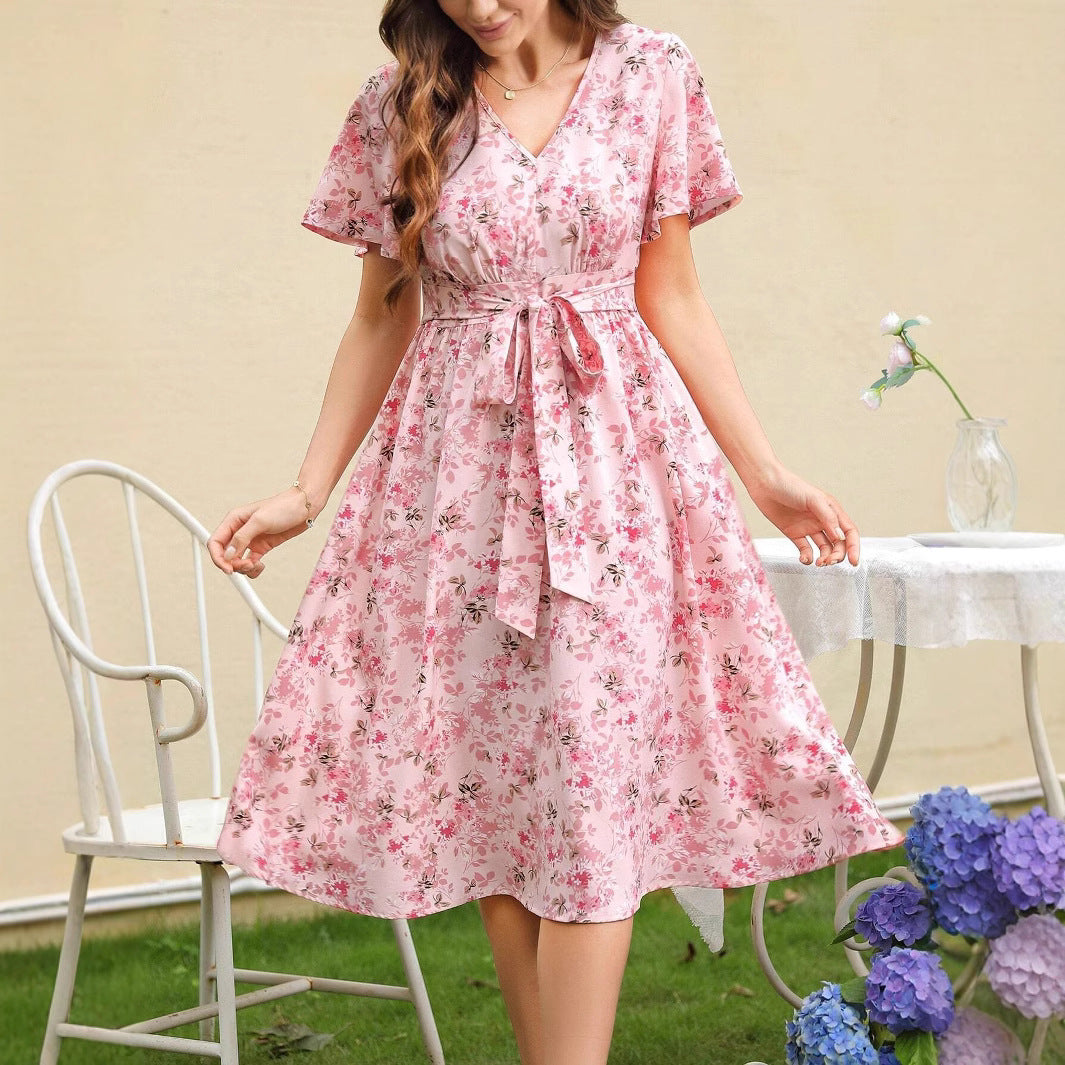 Zuleyka Chic Women's Floral Dress with V Neck and Tailored Tie Belt Silhouette Collection