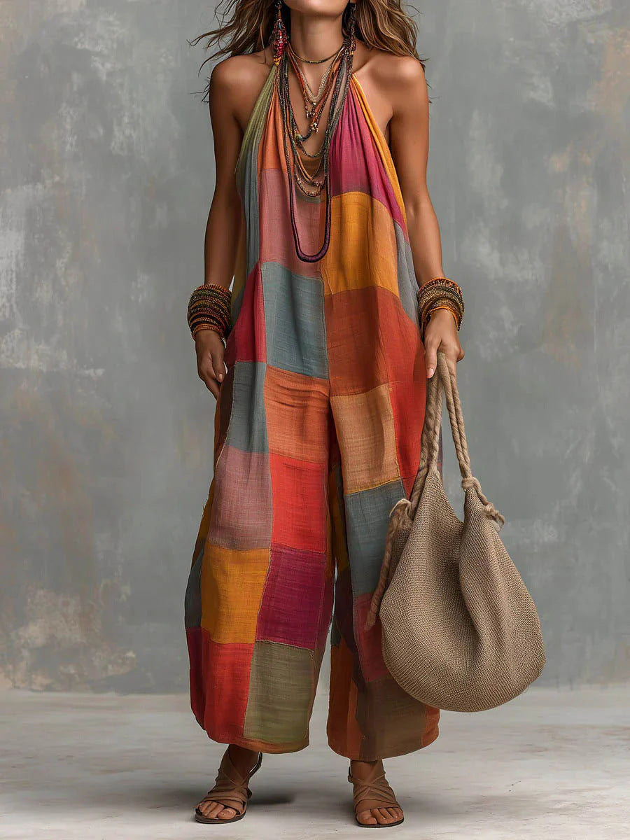 Colorblock Patchwork Halter Neck Wide Leg Jumpsuit