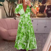 Floral V-Neck Short Sleeve Tiered Maxi Dress