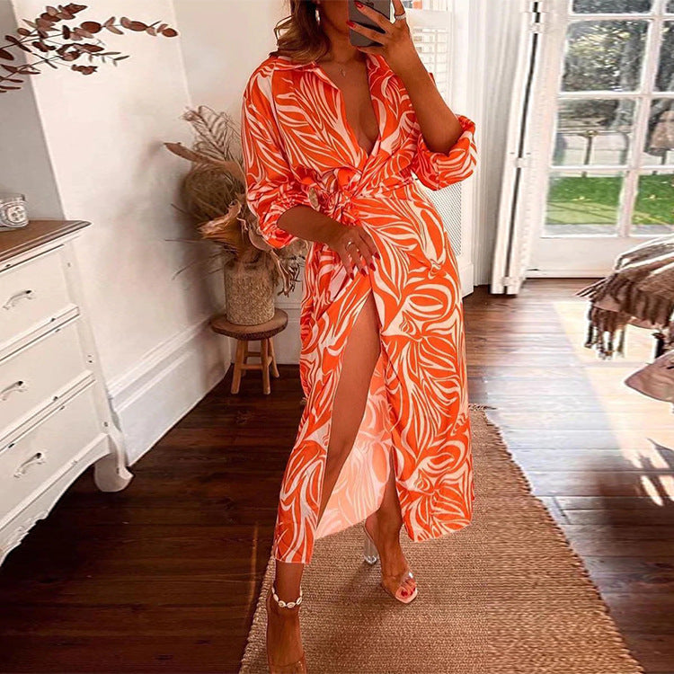 Abstract Print Collared Button Front Tie Waist High Split Maxi Shirt Dress